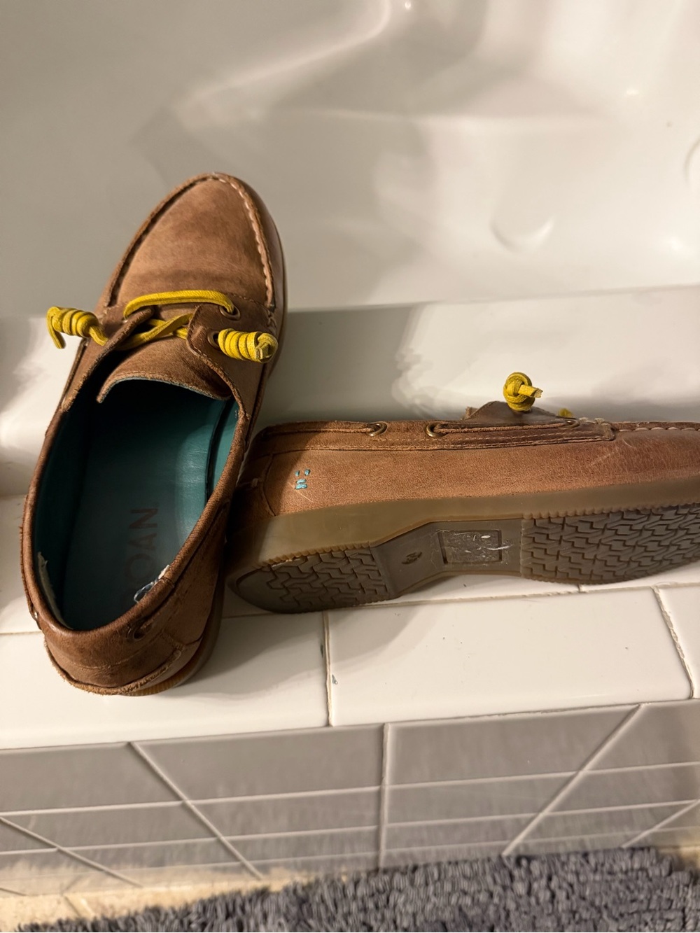 Women's Brown Leather Boat Loafers with Yellow Laces